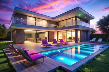 Fototapeta premium The house is lit up with aThe futuristic modern glass and metal house is lit up with neon colored lights neon light