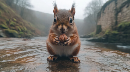 red squirrel holding nut by pond in autumn, surrounded by misty nature. serene atmosphere captures beauty of wildlife