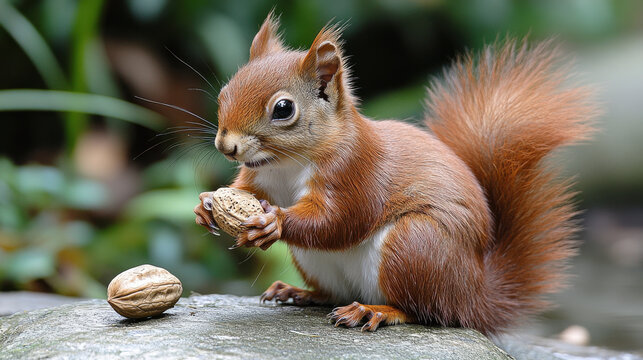 red squirrel is eating nut by pond in autumn, showcasing its vibrant fur and playful demeanor. serene setting enhances charm of this delightful scene - Powered by Adobe