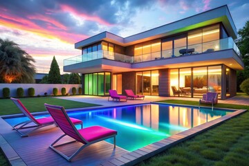 Fototapeta premium A modern architectural design featuring vibrant neon lighting creating a futuristic aesthetic at dusk