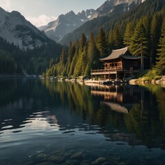 Serene mountain lake with peaceful wooden house.