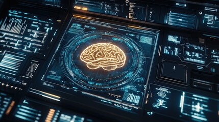 Obraz premium A digital representation of a brain within a high-tech interface, showcasing neural connections.
