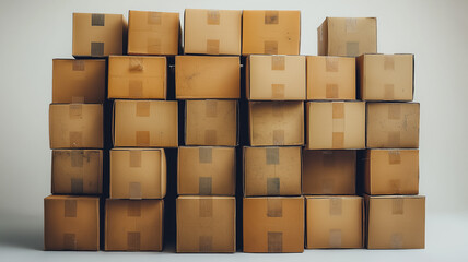A stack of cardboard boxes is piled on top of each other. The boxes are brown and appear to be of different sizes. Concept of organization and structure, as the boxes are neatly stacked