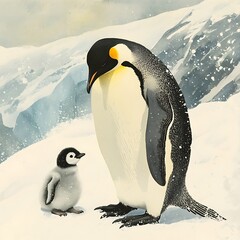 Obraz premium Watercolor Painting of Emperor Penguin and Chick in Antarctic Landscape.