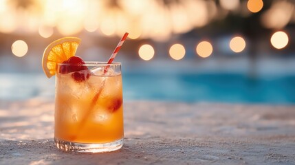 Orange cocktail with cherry by pool at sunset, concept of leisure