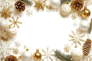 White background with white, gold, and silver Christmas decorations, with white space in the center of the frame. White snowflakes, pine cones, balls, 