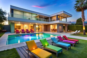 Fototapeta premium A modern house with a pool and lawn chairs in front of it, AI neon colors