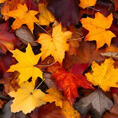 Fototapeta premium A banner background featuring beautiful orange and yellow autumn leaves, with fallen maple leaves creating a vibrant and seasonal atmosphere.
