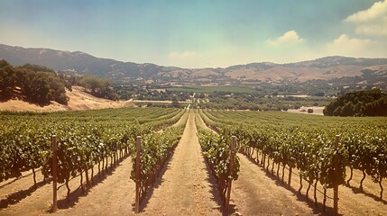 Fototapeta premium Scenic vineyard with rows of grapevines stretching into the distance under a bright sunny sky