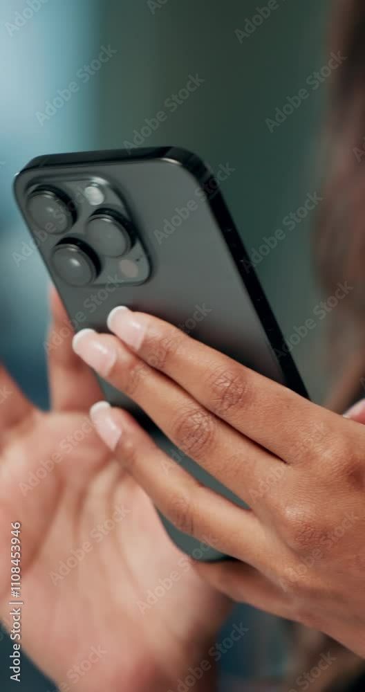 Aufkleber closeup, person and hands with smartphone for chat, online communication and connection with contact