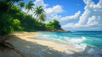 Peaceful tropical island with lush greenery and a secluded sandy beach with gentle waves