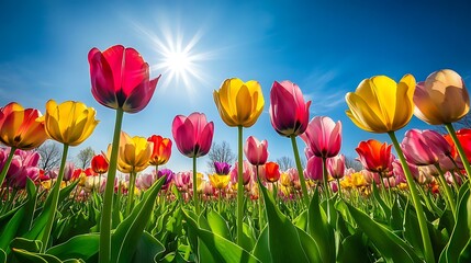 Fototapeta premium Colorful tulip fields stretching to the horizon under a bright and sunny spring day