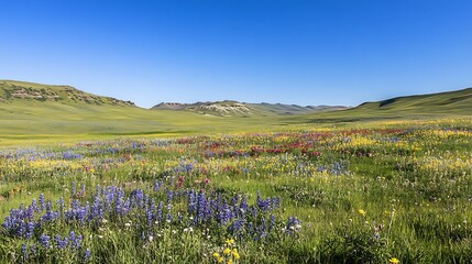 Fototapeta premium Bright spring meadow filled with colorful wildflowers and a clear blue sky overhead