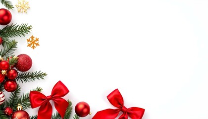 Red Christmas ball, bow, and gold snowflake with white paper frame. Merry Christmas. Modern Christmas flat lay. white background. Festive background composition top view.