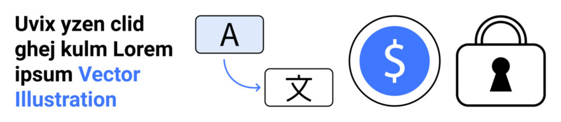 Obraz premium Language translation represented with text and alphabet icons, linked to currency symbol and a lock icon. Ideal for translation services, finance, security, digital operations, education