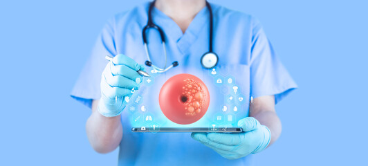 Cervical cancer seen through a speculum. Hologram of the cervix. The gynecologist analyzes the cervical area with cellular tissue damaged by cancer. Light blue background