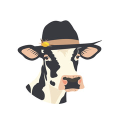 Cow wearing a hat with a flower in a simple and playful style illustration