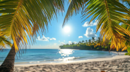 serene beach scene framed by palm leaves, showcasing bright sun and tranquil ocean waves. Perfect for summer vibes and relaxation