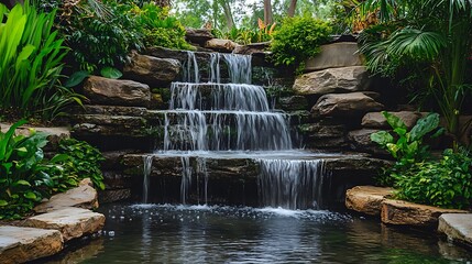 Naklejka premium Stunning waterfall cascading down mossy rocks into a tranquil pool surrounded by tropical greenery