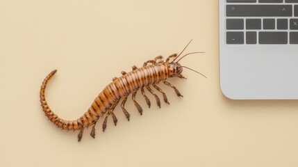 Obraz premium Busy Centipede: Multitasking Employee Using Tablet, Mouse, and Keyboard on Beige Desk Background
