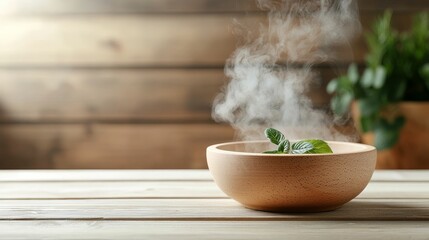 spa sauna herbal concept, A steaming bowl with fresh herbs sits on a wooden table, exuding warmth and inviting aromas in a cozy setting.