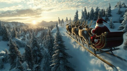 Santa Claus riding a sleigh pulled by reindeer through a snowy landscape at sunset.