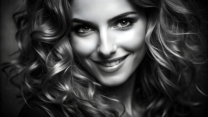 Fototapeta premium A young woman with long, curly hair smiles warmly at the camera.