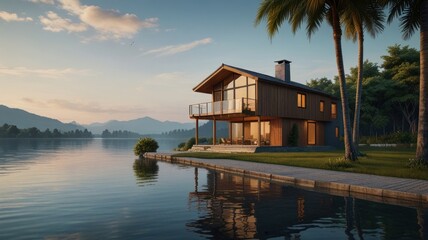 Obraz premium Here's a description and keywords for your image.. Lakeside cabin at sunset, reflecting in calm water. Modern architecture with large windows, deck, and palm trees.