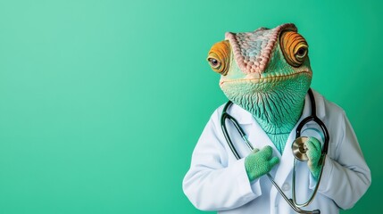 Colorful Chameleon Doctor with Stethoscope on Green Background