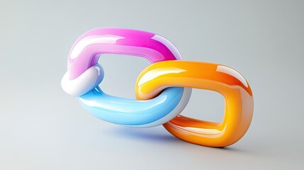 Abstract 3D glossy chain links in pastel hues of pink, blue, and orange intertwined on a neutral background.