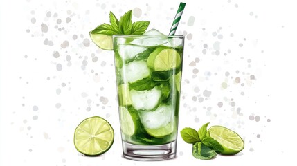 Refreshing mojito cocktail with lime and mint garnished with a striped straw.