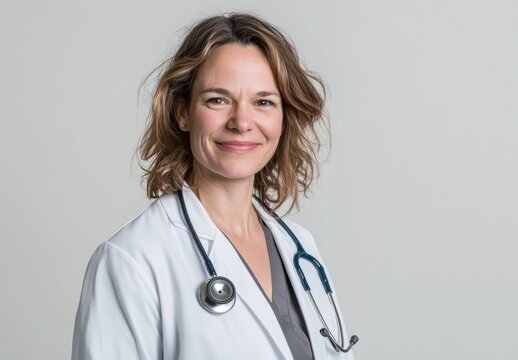 A young female doctor in a white lab coat and stethoscope stands confidently, her warm smile and professional look conveying approachability and trust.