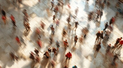 Blurred crowd of diverse people walking through a sunlit space, capturing motion and energy.