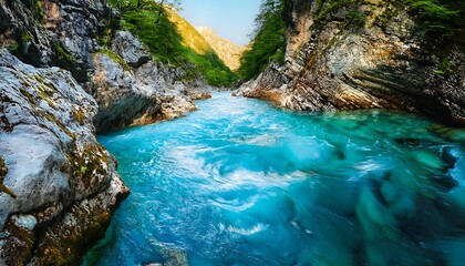 blue river flows through the rocky valley, creating a peaceful and beautiful natural scenery.