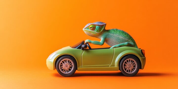 Colorful Chameleon Driving Toy Car on Orange Background