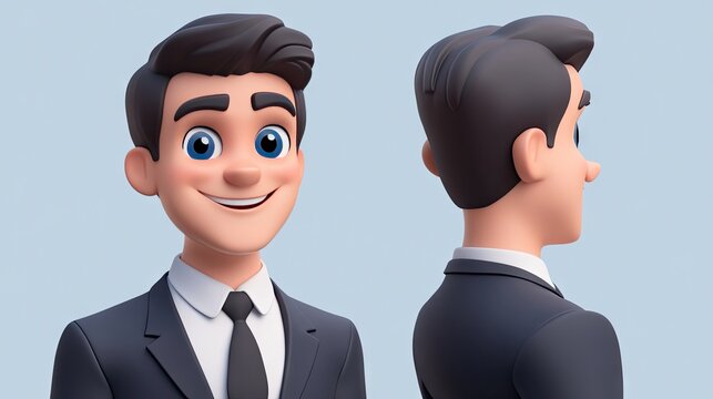 3D render of a smiling animated businessman in a suit, showing front and side views.