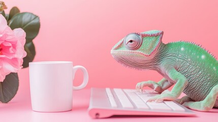 Colorful Chameleon Working on Keyboard with Computer and Coffee Cup on Rose Background