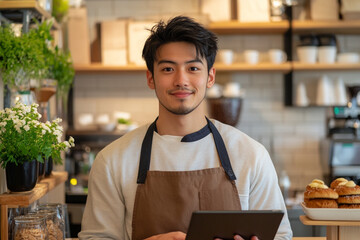 Fototapeta premium Young barista serving customers in a modern cafe with pastries