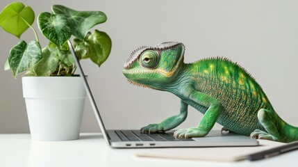 Adaptable Chameleon Working on Laptop with Notebook and Plant on Gray Background