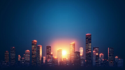 Obraz premium vibrant cityscape at sunset with glowing skyscrapers and lights