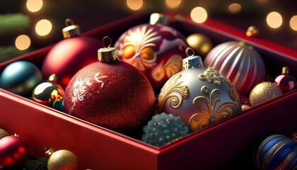 Christmas decorations and beautiful ornaments in a red box create a festive and cheerful holiday...