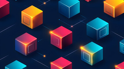 Fototapeta premium Abstract colorful isometric cubes connected by lines on dark background.