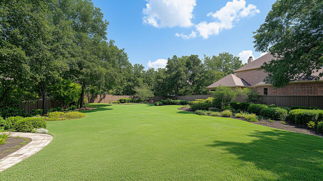 Green large fenced backyard with trees 
