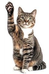Obraz premium Adorable tabby cat raises its paw in a playful gesture against a clean white background. A cute pet photo.