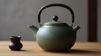 Here's a description and keywords for your stock photo.. Rustic green teapot and cup on wood.