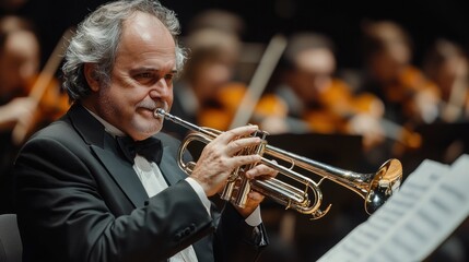 A male trumpeter in a tuxedo plays his trumpet in an orchestra.