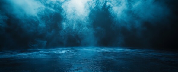A serene, misty seascape with deep blue tones and shadows, evoking a sense of calm and mystery.