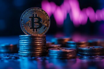 A close-up view of a Bitcoin coin atop a stack of coins, with a colorful, blurred background indicating financial market trends.