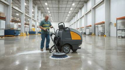 A cleaning crew member washing the floor of a large warehouse with an industrial cleaning machine