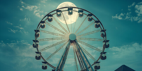 Moonlit Ferris Wheel at Night with Dramatic Sky